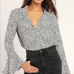 NWT Lulus Always Lovely Ivory and Black Print Long Sleeve Bodysuit
